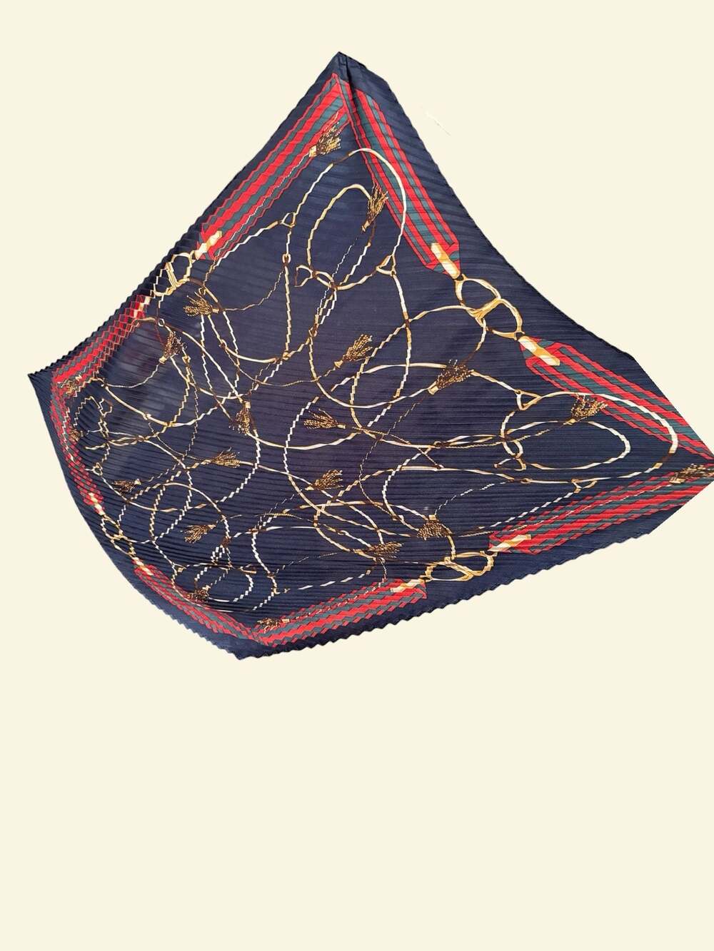 Navy Blue Pleated Equestrian Chain Print Scarf with Red and Green Stripes